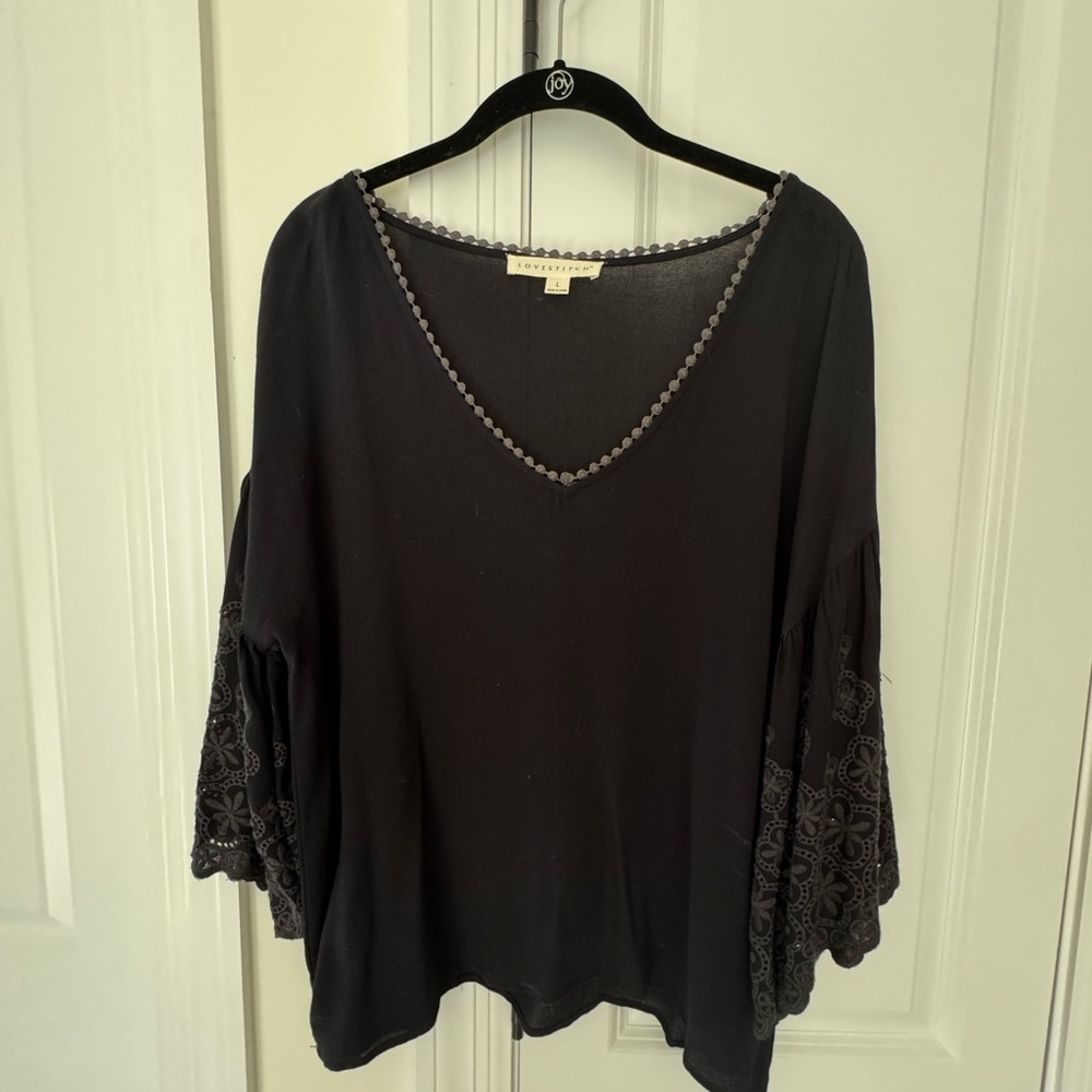 Lovestitch Women’s Black top with Embroidered Sleeves